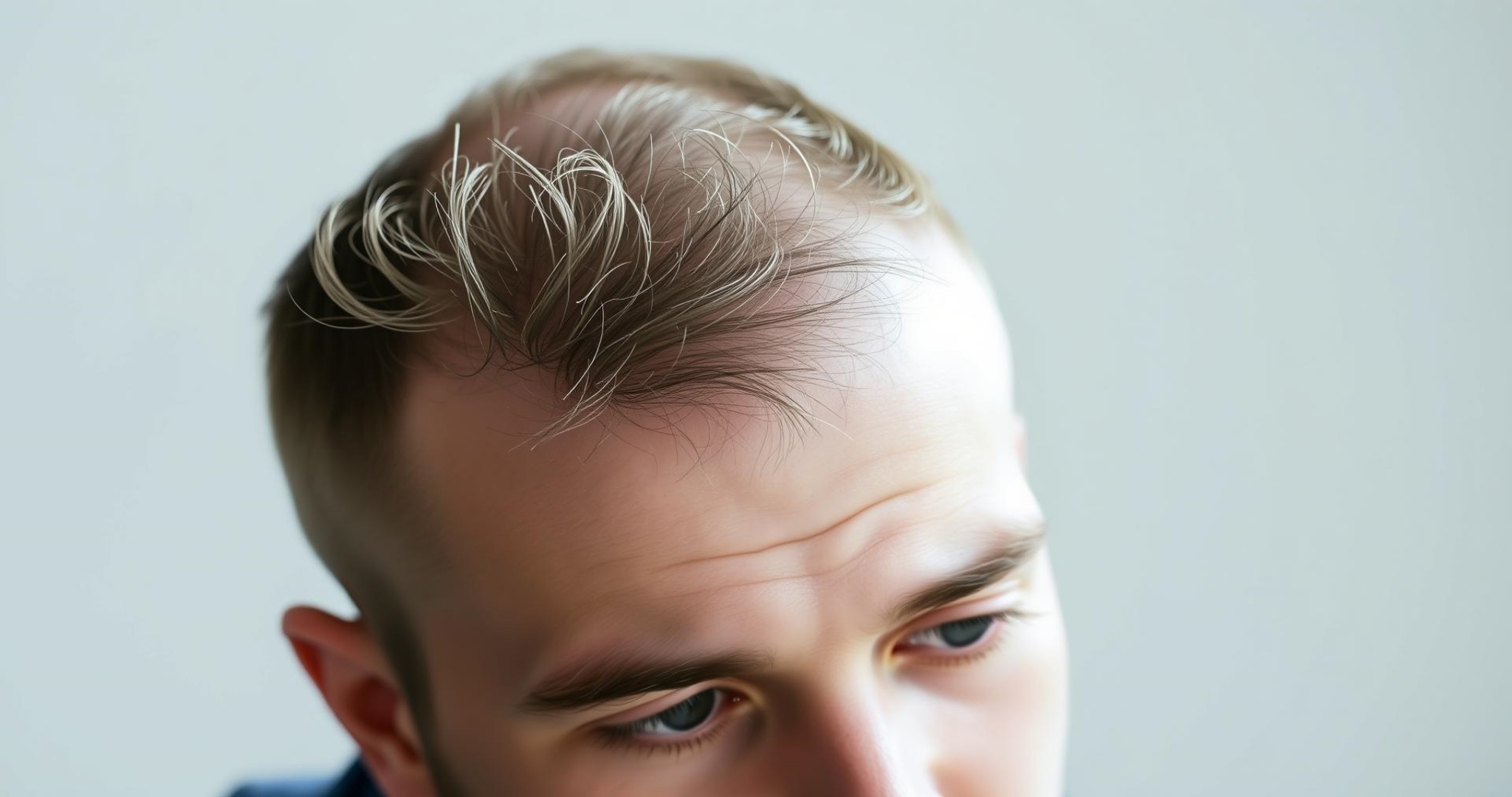 A close-up image of a man with thinning hair looking at his scalp in a thoughtful manner. The focus is on the top of his head, highlighting his forehead and the sparse hair on the crown. The background is softly blurred to emphasize his expression of contemplation. The lighting is soft and natural, creating a serene atmosphere.
