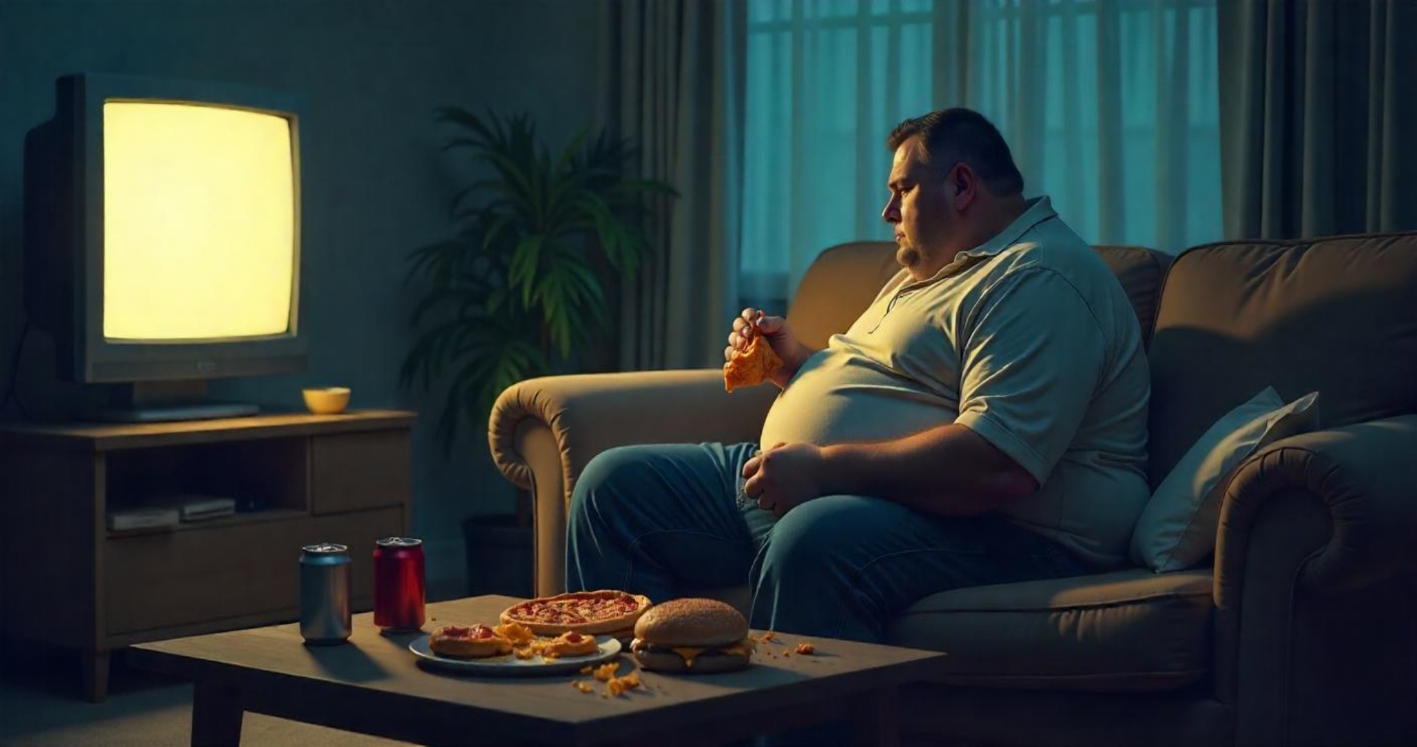 A common overweight man is sitting on a couch in a dark cluttered living room. He is viewed from behind as he watches a glowing television screen. The man is slouched eating 