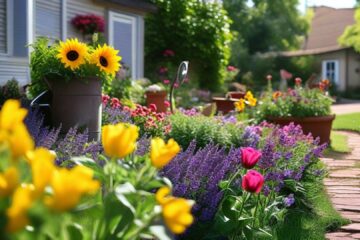 A flower bed in a home garden filled with vibrant blooming flowers of various colors. The flowers include bright yellow sunflowers soft pink roses deep purple lavender and red tulips all neatly arranged. The flower bed is surrounded by freshly cut grass and a small wooden fence borders it giving it a cozy well-maintained look. Nearby a watering can sits on the grass slightly rusted from use while small garden