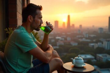 A man is sitting on the balcony of a high-rise apartment enjoying a cup of green tea in a transparent mug that showcases the vibrant green liquid inside. He has his arms resting on the railing gazing thoughtfully down at the bustling city below. The camera captures him from a closer angle emphasizing his relaxed expression and casual attire which consists of a comfortable T-shirt and shorts. The warm golden glow of the setting sun bathes the scene creating a serene atmosphere. Potted plants on the balcony sway gently in the breeze while a small table beside him holds a teapot and an open book suggesting a peaceful evening ritual of mindfulness and relaxation. In the background the silhouettes of skyscrapers rise against the colorful sky adding to the lively ambiance of the city.