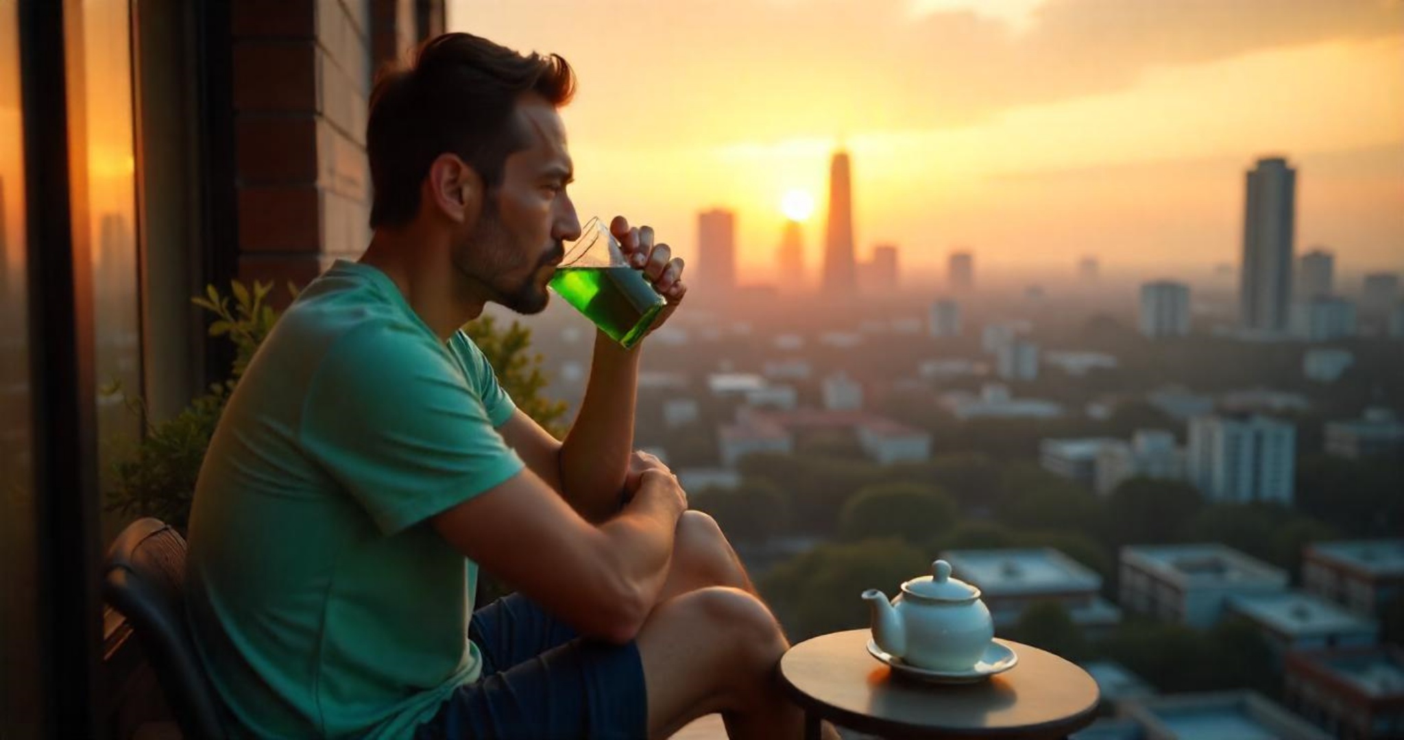 A man is sitting on the balcony of a high-rise apartment enjoying a cup of green tea in a transparent mug that showcases the vibrant green liquid inside. He has his arms resting on the railing gazing thoughtfully down at the bustling city below. The camera captures him from a closer angle emphasizing his relaxed expression and casual attire which consists of a comfortable T-shirt and shorts. The warm golden glow of the setting sun bathes the scene creating a serene atmosphere. Potted plants on the balcony sway gently in the breeze while a small table beside him holds a teapot and an open book suggesting a peaceful evening ritual of mindfulness and relaxation. In the background the silhouettes of skyscrapers rise against the colorful sky adding to the lively ambiance of the city.