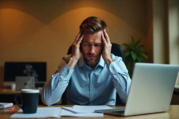 A middle-aged Caucasian man with short brown hair and a beard, wearing a blue dress shirt, looking stressed while working on a laptop computer in an office setting