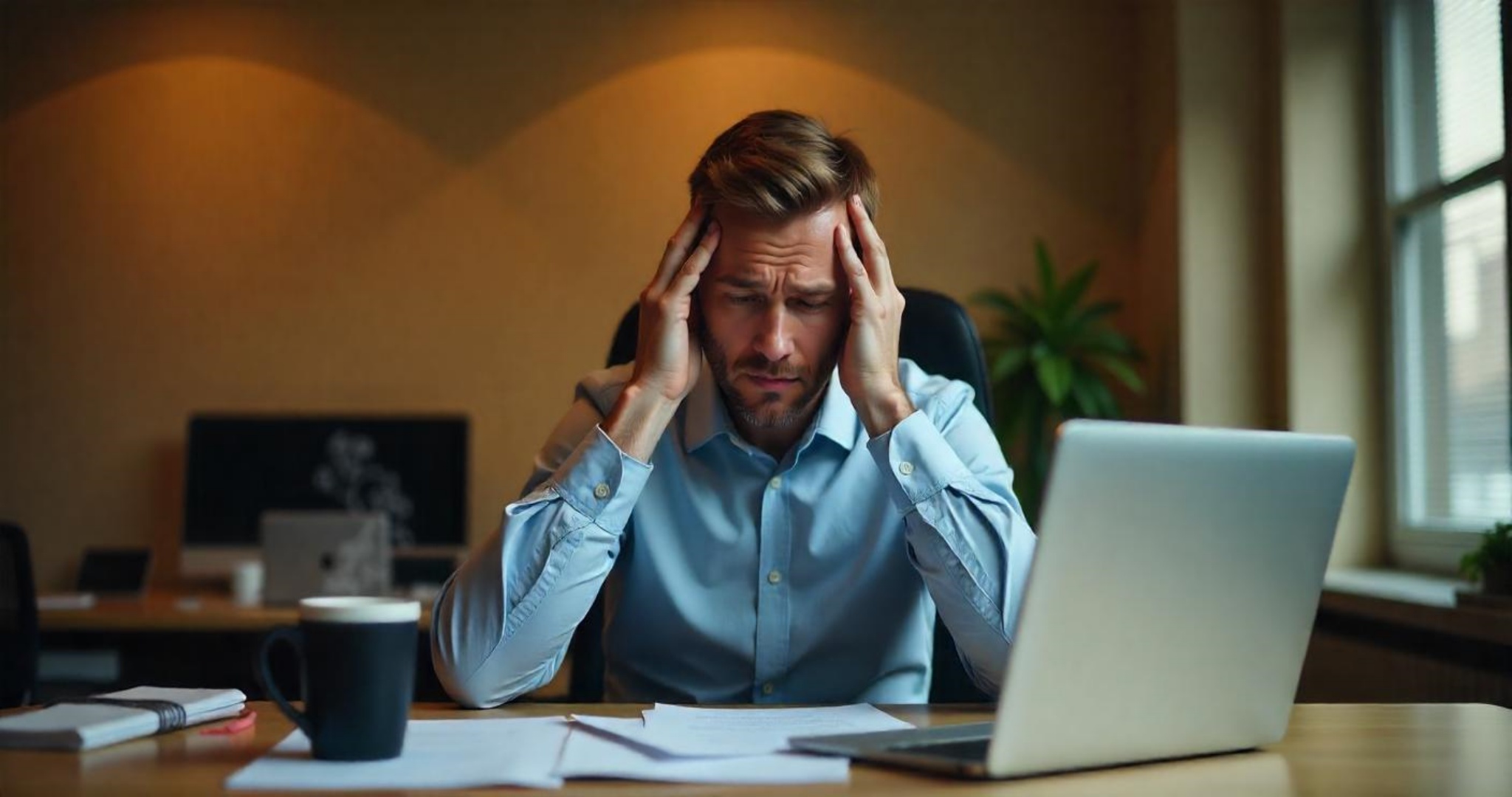 A middle-aged Caucasian man with short brown hair and a beard, wearing a blue dress shirt, looking stressed while working on a laptop computer in an office setting
