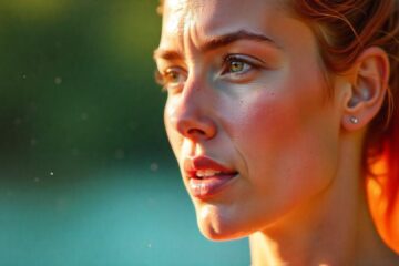 A_realistic_close-up_of_the_left_side_of_a_ginger_race_woman's_face_soaked_in_water_as_if_after_an_exhausting_run_in_the_early_morning.