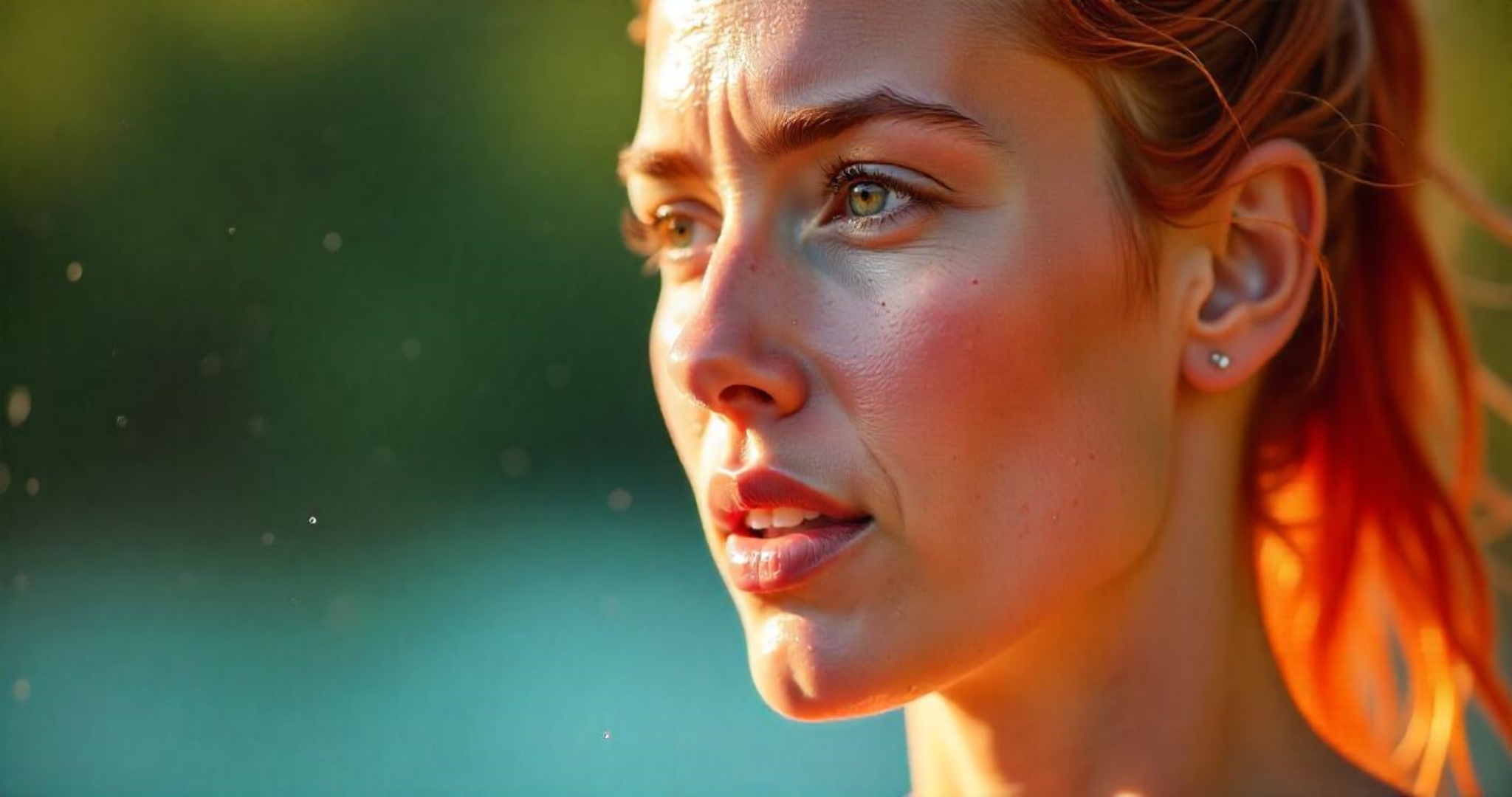 A_realistic_close-up_of_the_left_side_of_a_ginger_race_woman's_face_soaked_in_water_as_if_after_an_exhausting_run_in_the_early_morning.