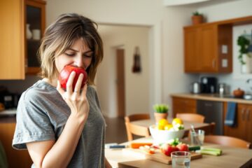 A young Caucasian woman with shoulder-length brown hair eating a red apple in a kitchen setting