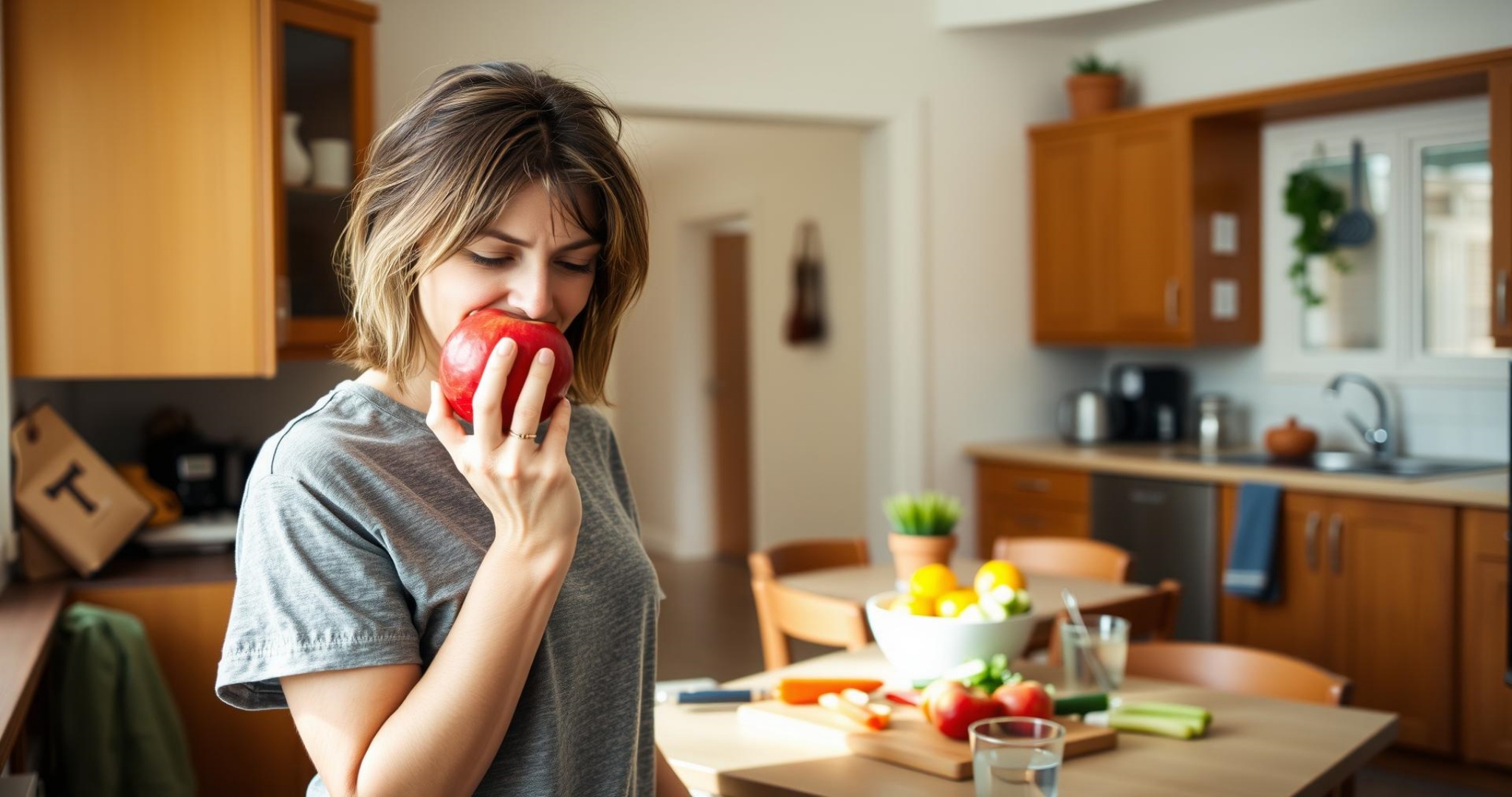 A young Caucasian woman with shoulder-length brown hair eating a red apple in a kitchen setting