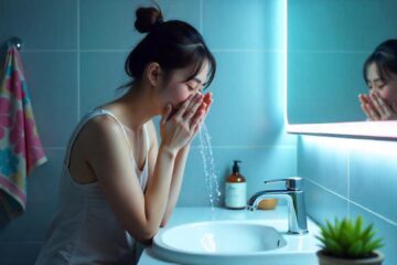 An Asian woman, dressed in casual, comfortable clothing, is standing at a modern bathroom sink, leaning slightly forward as she splashes water on her face from the faucet. Her hair is pulled back into a messy bun, with a few loose strands framing her face, giving her a relaxed look. The sink is made of sleek white ceramic, complemented by a polished chrome faucet that gleams under the soft overhead lighting. In the background, the bathroom features light-colored tiles and a large mirror that reflects her focused expression as she refreshes herself. A colorful hand towel hangs neatly on a rack nearby, and a small potted plant sits on the edge of the sink, adding a touch of life to the space. Water droplets splash around her, glistening in the light, while the sound of running water creates a soothing ambiance. The overall atmosphere is one of calm and simplicity, emphasizing her morning ritual of self-care.