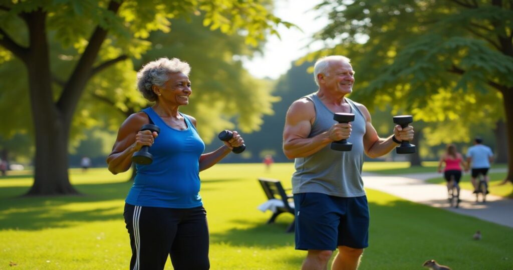 An_elderly_caucasian_couple,_a_70-year-old_man_and_a_68-year-old_woman,_jogging_together_in_a_park_with_trees_and_greenery_in_the_background