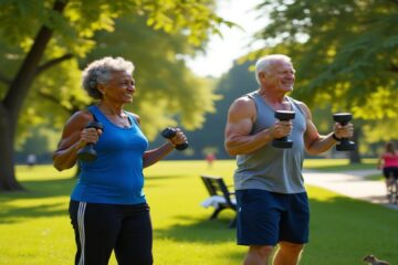 An_elderly_caucasian_couple,_a_70-year-old_man_and_a_68-year-old_woman,_jogging_together_in_a_park_with_trees_and_greenery_in_the_background