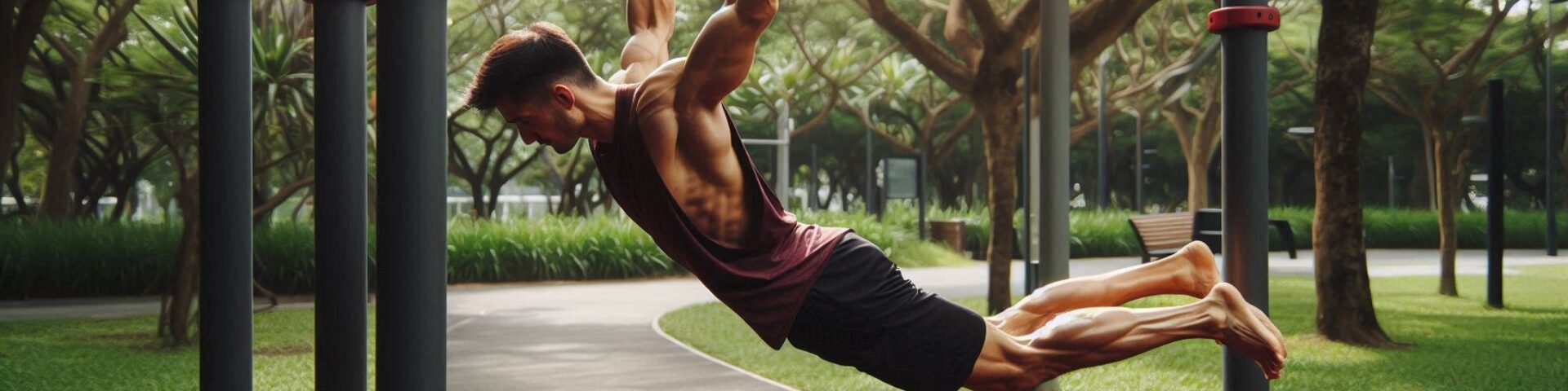 A man is performing an advanced calisthenics move, holding a human flag position. He is gripping a vertical metal bar with both hands, arms extended, while keeping his body parallel to the ground. He is wearing a sleeveless maroon shirt and black shorts, barefoot, and appears to be in a public park or outdoor workout area. The background shows a paved path, green grass, and lush trees and bushes, providing a natural setting. The lighting is natural, and the scene is bright, giving an impression of strength, balance, and control.