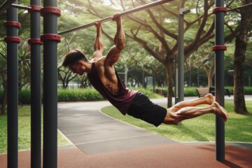 A man is performing an advanced calisthenics move, holding a human flag position. He is gripping a vertical metal bar with both hands, arms extended, while keeping his body parallel to the ground. He is wearing a sleeveless maroon shirt and black shorts, barefoot, and appears to be in a public park or outdoor workout area. The background shows a paved path, green grass, and lush trees and bushes, providing a natural setting. The lighting is natural, and the scene is bright, giving an impression of strength, balance, and control.