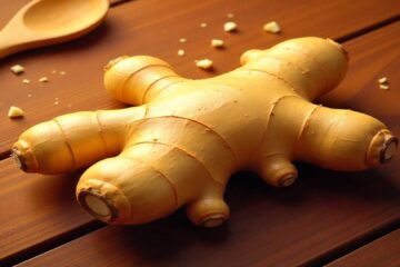 Fresh_ginger_root_on_a_wooden_surface,_with_some_slices_and_pieces_scattered_around