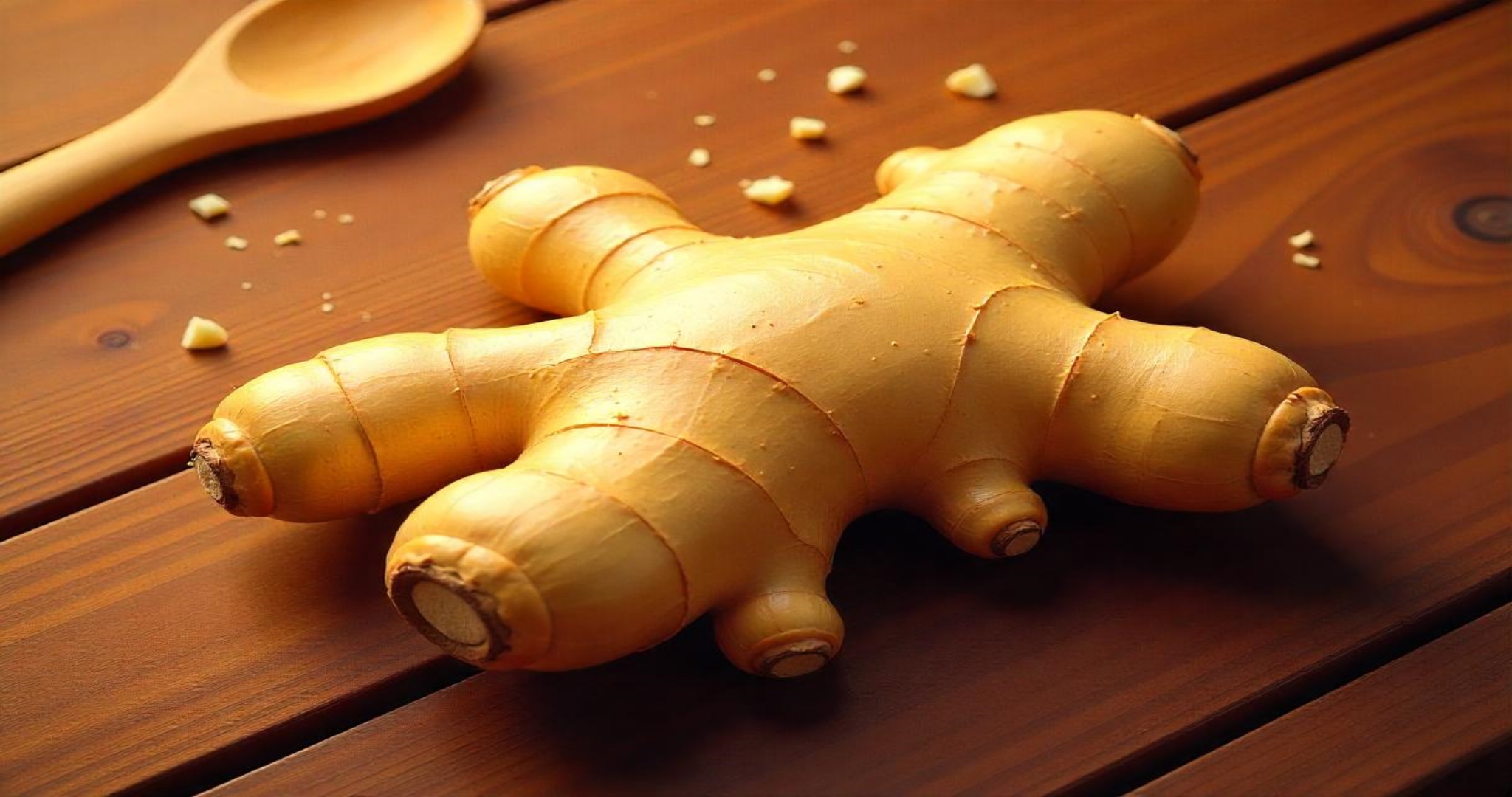 Fresh_ginger_root_on_a_wooden_surface,_with_some_slices_and_pieces_scattered_around