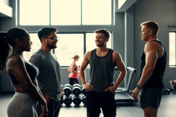 Three muscular men in a gym, one wearing a black tank top and the other two wearing gray shirts, standing and talking to each other