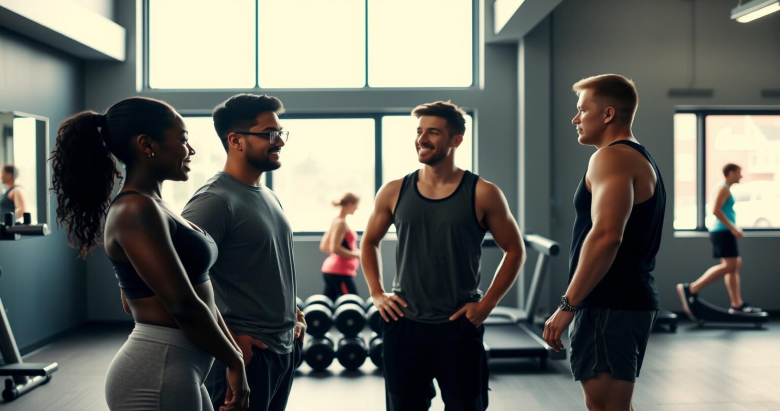 Three muscular men in a gym, one wearing a black tank top and the other two wearing gray shirts, standing and talking to each other