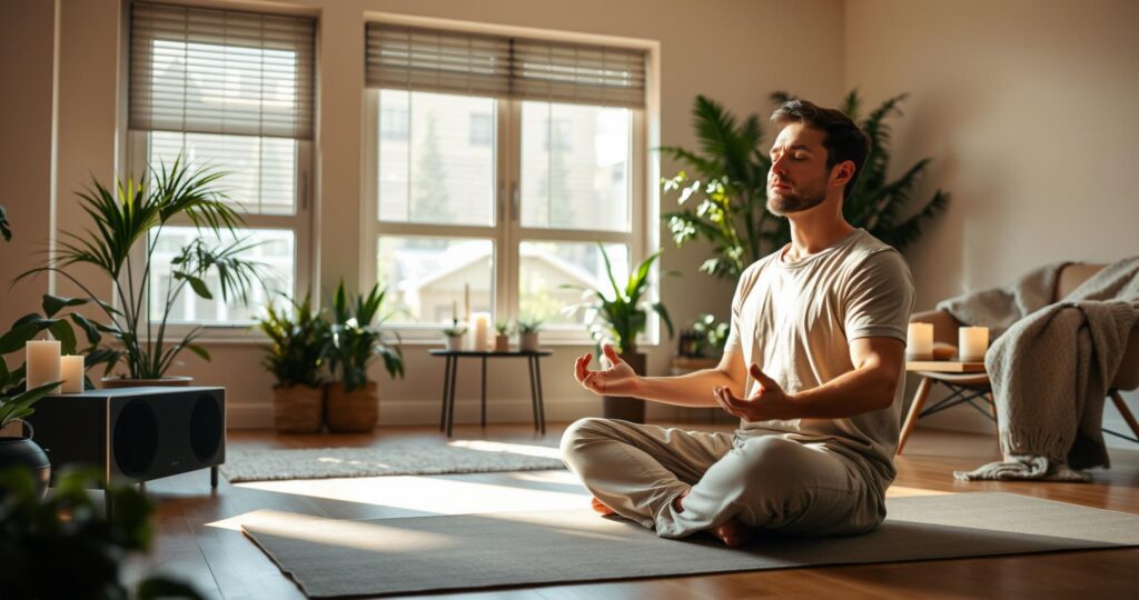 a man meditating at home seated comfortably on a soft yoga mat. He is cross-legged with his eyes gently closed showcasing a look of deep concentration