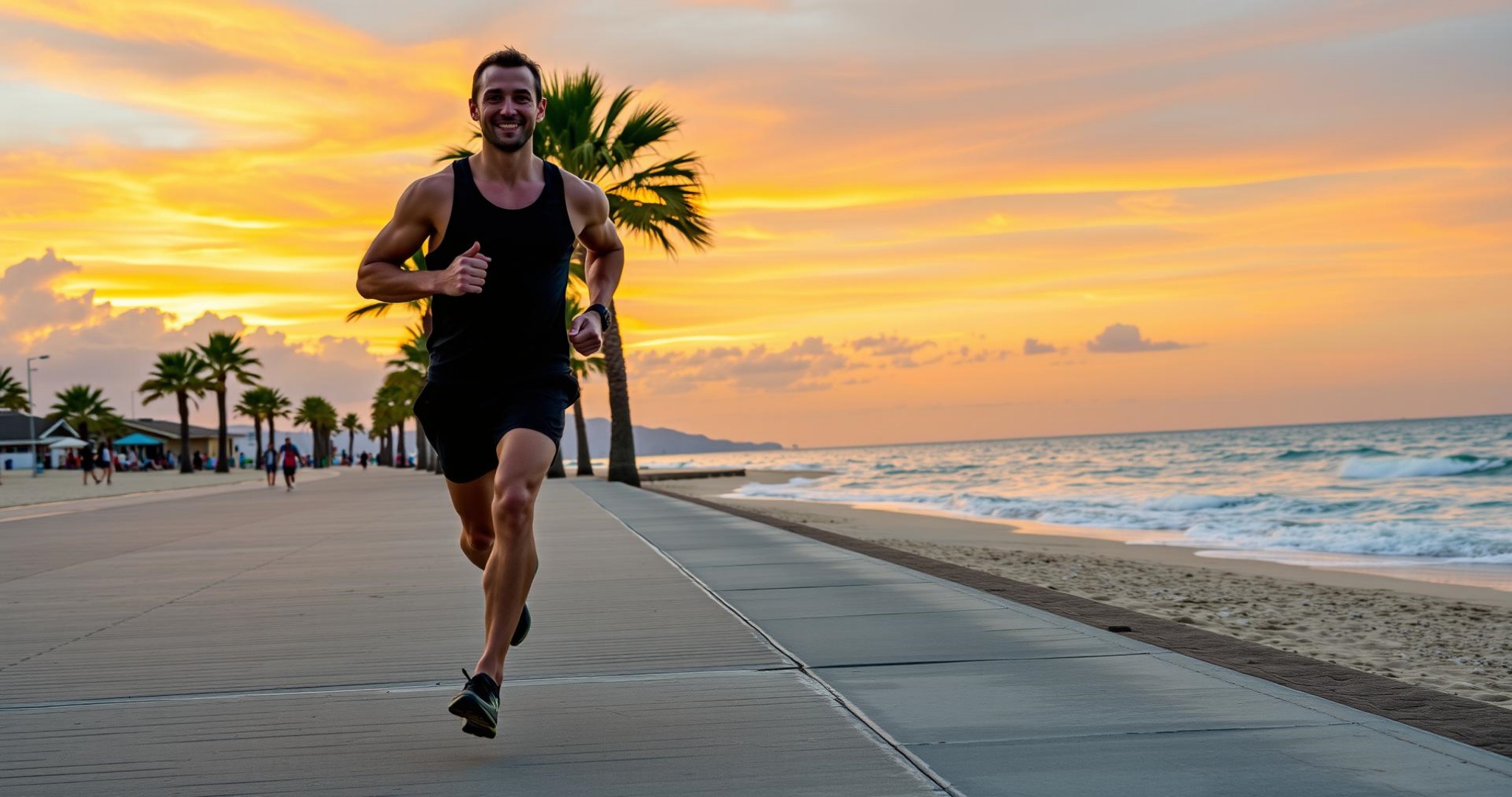 a muscular man running on a beach boardwalk during sunset. The man is in mid-stride showcasing his defined muscles and athletic physique. He is wearing a fitted tank top and running shorts