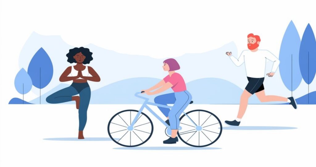 The image shows an illustration in an outdoor setting with three people engaged in different physical activities. On the left, a dark-skinned woman with curly hair is doing a yoga pose, standing on one leg with her hands together in front of her chest in a prayer position. In the center, a light-skinned woman with short purple hair is riding a bicycle, wearing blue pants and a pink shirt. On the right, a light-skinned man with a red beard is running, dressed in a long-sleeved white shirt and black shorts.