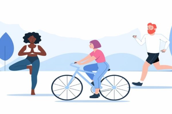 The image shows an illustration in an outdoor setting with three people engaged in different physical activities. On the left, a dark-skinned woman with curly hair is doing a yoga pose, standing on one leg with her hands together in front of her chest in a prayer position. In the center, a light-skinned woman with short purple hair is riding a bicycle, wearing blue pants and a pink shirt. On the right, a light-skinned man with a red beard is running, dressed in a long-sleeved white shirt and black shorts.