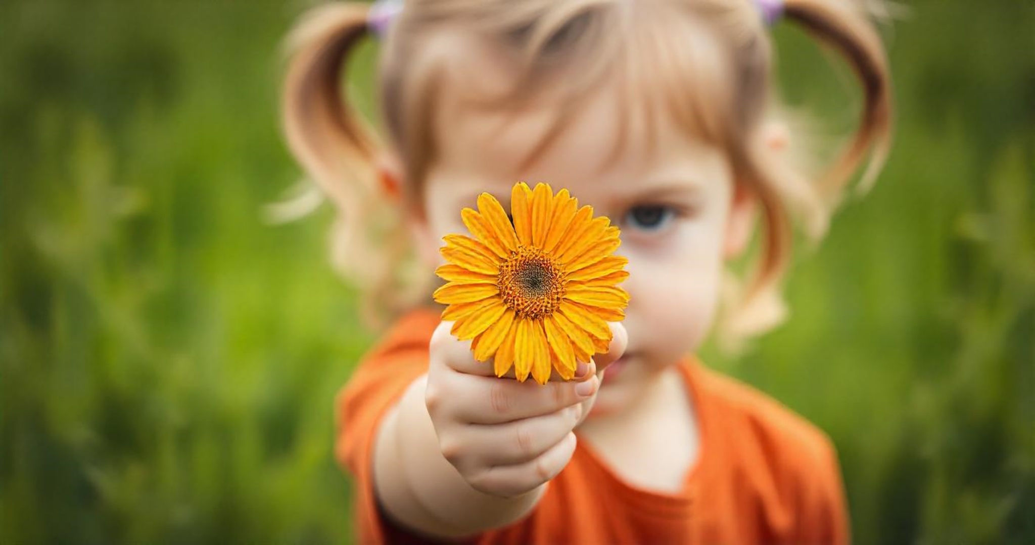 A young child with hair tied in small pigtails is holding an orange daisy flower toward the camera. The focus is entirely on the flower, with the child's face and background blurred. The setting appears to be an outdoor field or garden, with lush green grass in the background, creating a peaceful and serene atmosphere. The child's hands are visible as they gently grasp the flower, and the overall tone of the image is warm and natural.