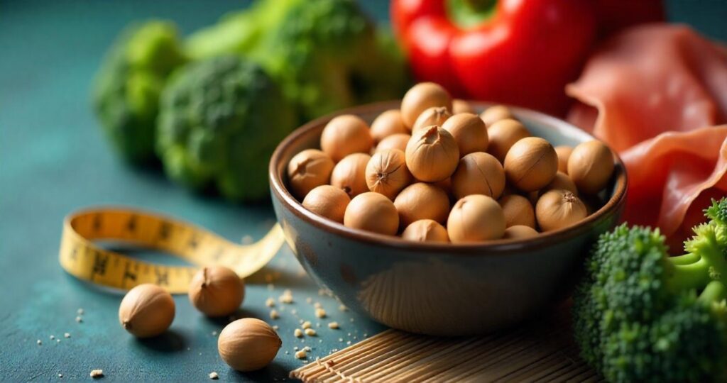 The image shows a close-up of various foods associated with health and nutrition. In the foreground, there is a bowl filled with hazelnuts, arranged in a neat, natural cluster. Surrounding the bowl, we see fresh green broccoli florets and a vibrant red bell pepper, adding a colorful contrast to the composition. Additionally, a soft measuring tape is visible, coiled loosely around the foods, suggesting a focus on portion control or diet management. In the background, there appears to be slices of cured meat, possibly prosciutto or ham, contributing to the diversity of textures and colors in the scene. The overall setting suggests a theme of healthy eating or diet planning, combining fresh vegetables, nuts, and proteins.