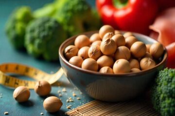 The image shows a close-up of various foods associated with health and nutrition. In the foreground, there is a bowl filled with hazelnuts, arranged in a neat, natural cluster. Surrounding the bowl, we see fresh green broccoli florets and a vibrant red bell pepper, adding a colorful contrast to the composition. Additionally, a soft measuring tape is visible, coiled loosely around the foods, suggesting a focus on portion control or diet management. In the background, there appears to be slices of cured meat, possibly prosciutto or ham, contributing to the diversity of textures and colors in the scene. The overall setting suggests a theme of healthy eating or diet planning, combining fresh vegetables, nuts, and proteins.