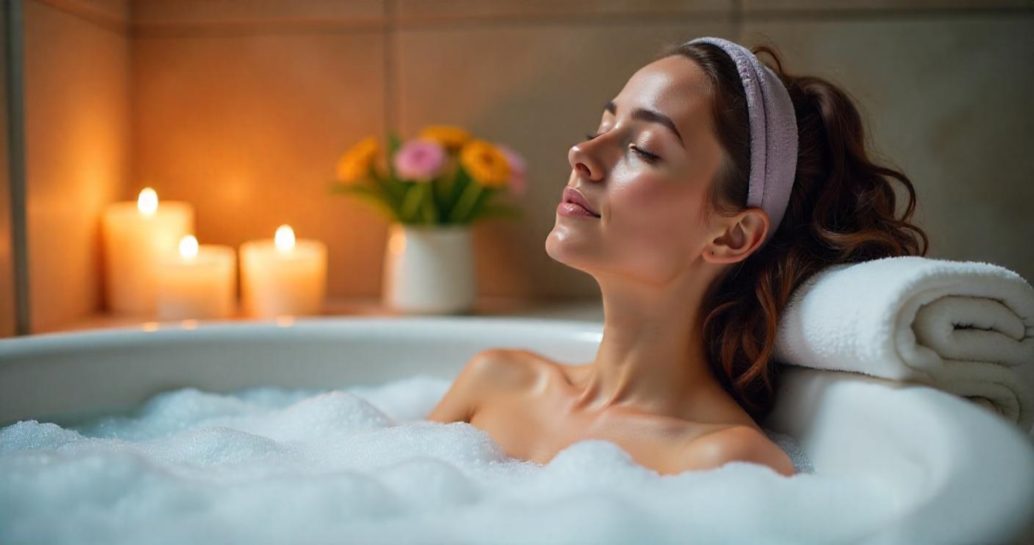 A young Caucasian woman with brown curly hair, wearing a spa headband, relaxing in a modern bathtub filled with bubbles, eyes closed, surrounded by lavender-scented candles, soft towels neatly stacked nearby, and a small vase of flowers