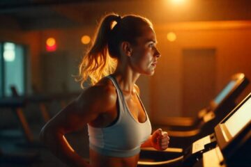 A woman is running on a treadmill in a gym, captured in a side view. She is wearing a white sports bra and has her hair tied back in a ponytail. The environment appears intense, with sweat visible on her face and the air around her. The background is somewhat blurred, showing dim lighting and gym equipment, emphasizing her focus and motion. The image captures the dynamic energy of her workout, with droplets of sweat suspended in the air, highlighting her effort and the warm atmosphere of the gym.