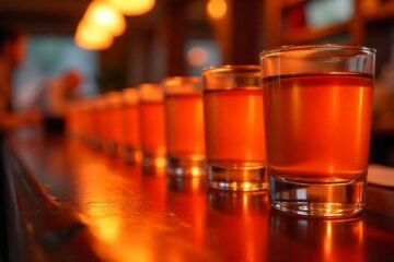 Blurred image of a row of clear glass tumblers on a wooden table, with soft, warm lighting casting elongated shadows on the textured background surface.