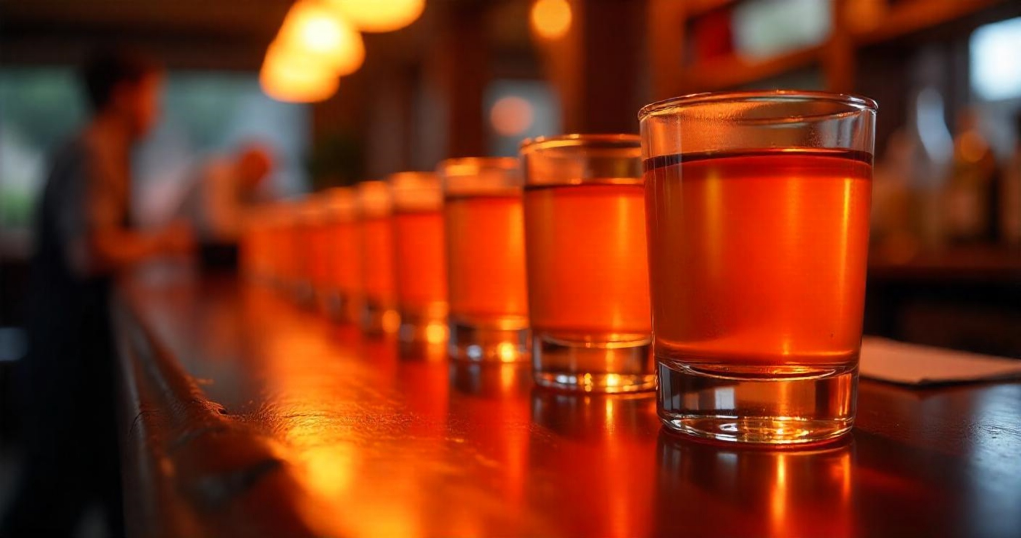 Blurred image of a row of clear glass tumblers on a wooden table, with soft, warm lighting casting elongated shadows on the textured background surface.