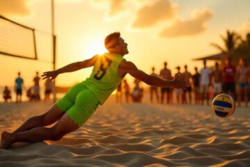 A young female volleyball player in a green uniform diving to receive a volleyball on a court