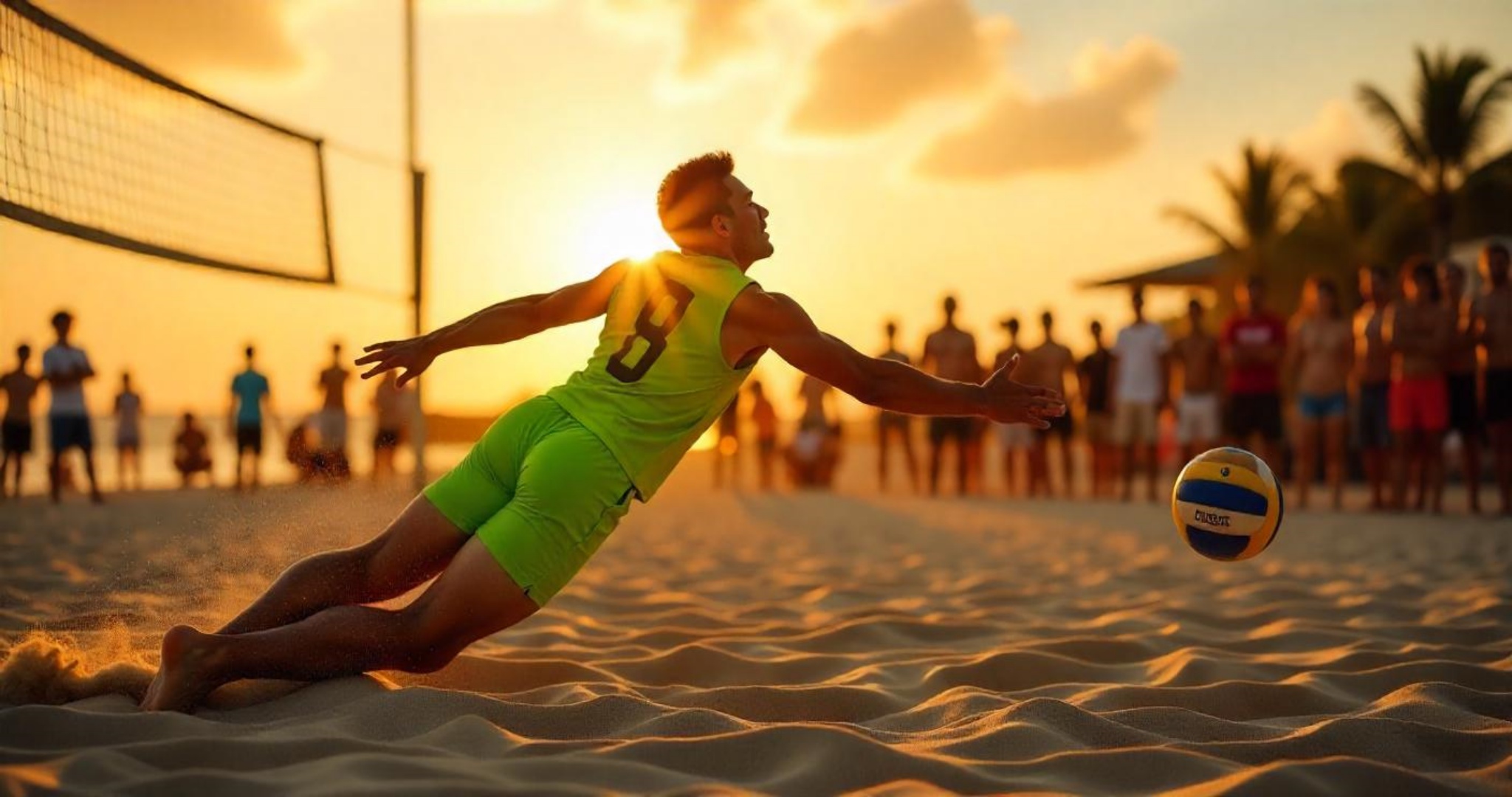 A young female volleyball player in a green uniform diving to receive a volleyball on a court